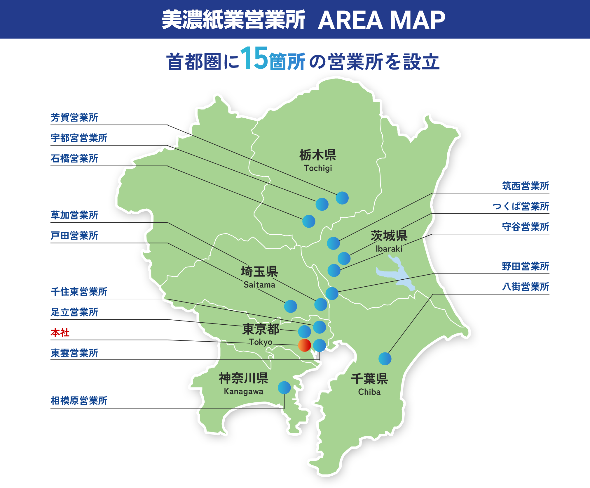 美濃紙業営業所 AREA MAP 首都圏に15箇所の営業所を設立